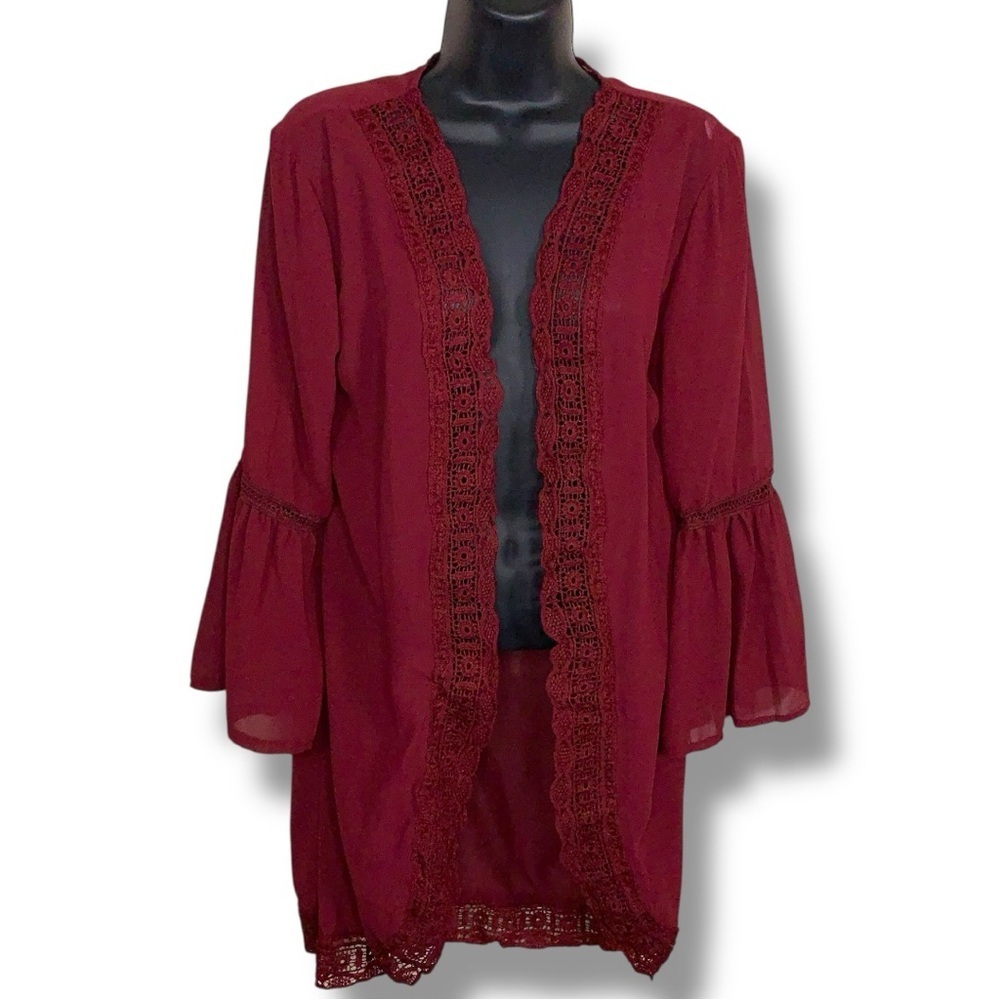 Large Burgundy Semi Sheer Shrug Boho Top Embroidered Lace Accent Bohemian